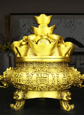 铜器摆件纯铜聚宝盆五路财神鼎开盖存钱罐香炉聚财店铺开业礼品
