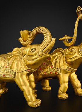 热销铜大象摆件一对纯铜元宝如意象酒柜装饰工艺品