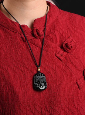 乌金黑曜石十二生肖吊坠男士女项链属虎本命年保平安无事方牌挂件