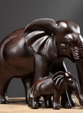 黑檀木雕大象摆件实木质雕刻子母象家居客厅书房装饰红木工艺礼品