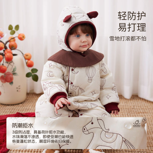 Oak mont婴儿连体衣纯棉新生宝宝满月衣服三防夹棉冬装小马拜年服 - 图1