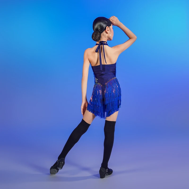 FZS新款2025女童拉丁舞练功服挂脖露背流苏亮片拼接训练服演出服 - 图3
