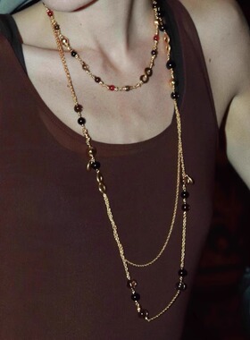 八字纹马鞍扣黑玛瑙茶晶长项链