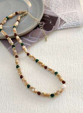 彩色天然石串珠天然真珍珠项炼 小清新甜美贝壳时尚颈炼 网红爆款
