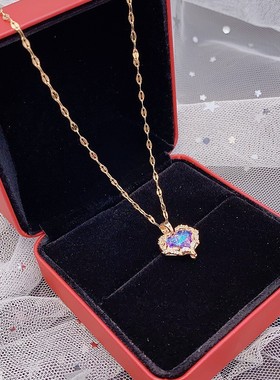 2022新款海洋之心钛钢项链满钻七彩水晶吊坠锁骨链潮流网红毛衣炼