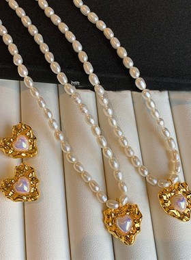 复古褶皱感金色爱心天然珍珠项炼轻奢小众时尚巴洛克淡水珍珠项炼