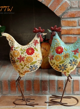 美式乡村铁艺彩色碎花公鸡别墅花园庭院客厅落地店铺装饰软装摆件
