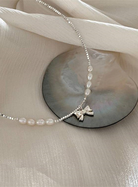 蝴蝶结淡水珍珠碎银子项链 法式复古轻奢小众设计感女款新爆款