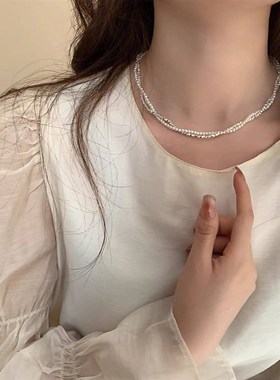 爆闪碎银子项链 双层碎银子拼接珍珠麻花颈炼设计轻奢百搭锁骨链