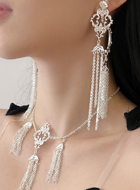 超仙银色璀璨银河瀑布流苏项链新中式吊坠锁骨链礼服颈炼套装耳环