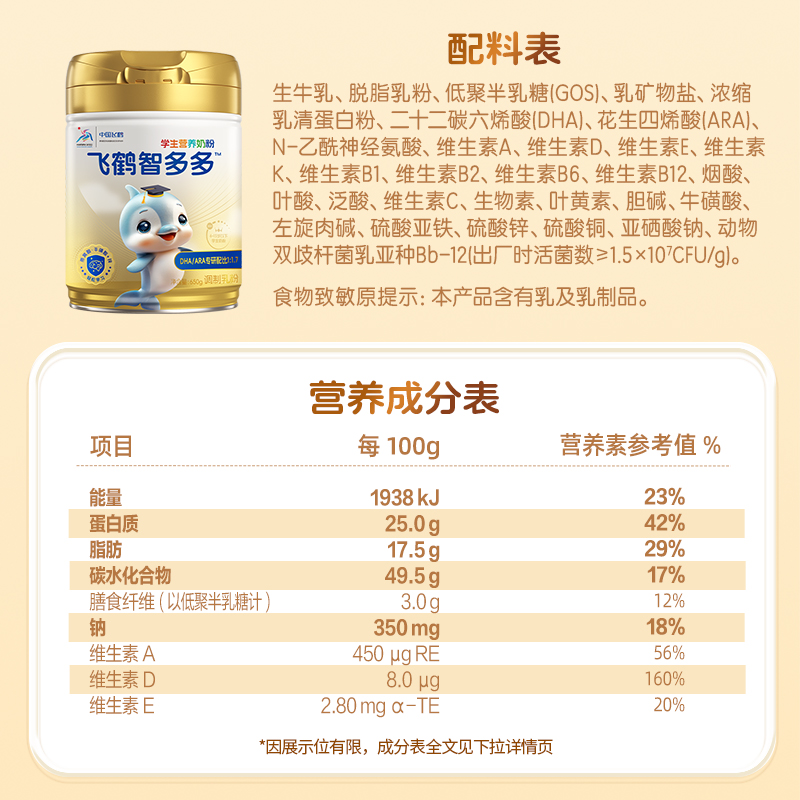 飞鹤智多多学生营养奶粉听装650g儿童牛磺酸CBP高钙益生菌青少年