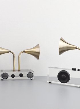 简约现代复古水晶金属留声机样板间家居客厅书房创意桌面装饰摆件