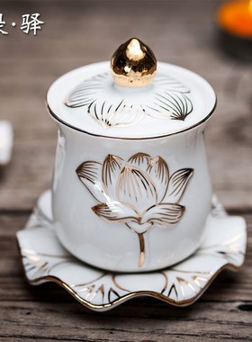 精品白玉瓷莲花杯 佛前圣水杯陶瓷供佛杯大悲水供杯 佛具大中小