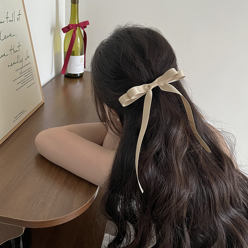 法式双层蝴蝶结飘带发夹后脑勺马尾半扎发少女丝带发卡顶夹鸭嘴夹 - 图1