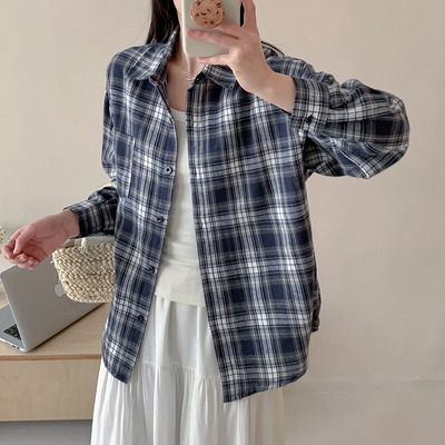 AA【百人验货】春秋格子衬衫女宽松慵懒风女装上衣复古格纹外套潮