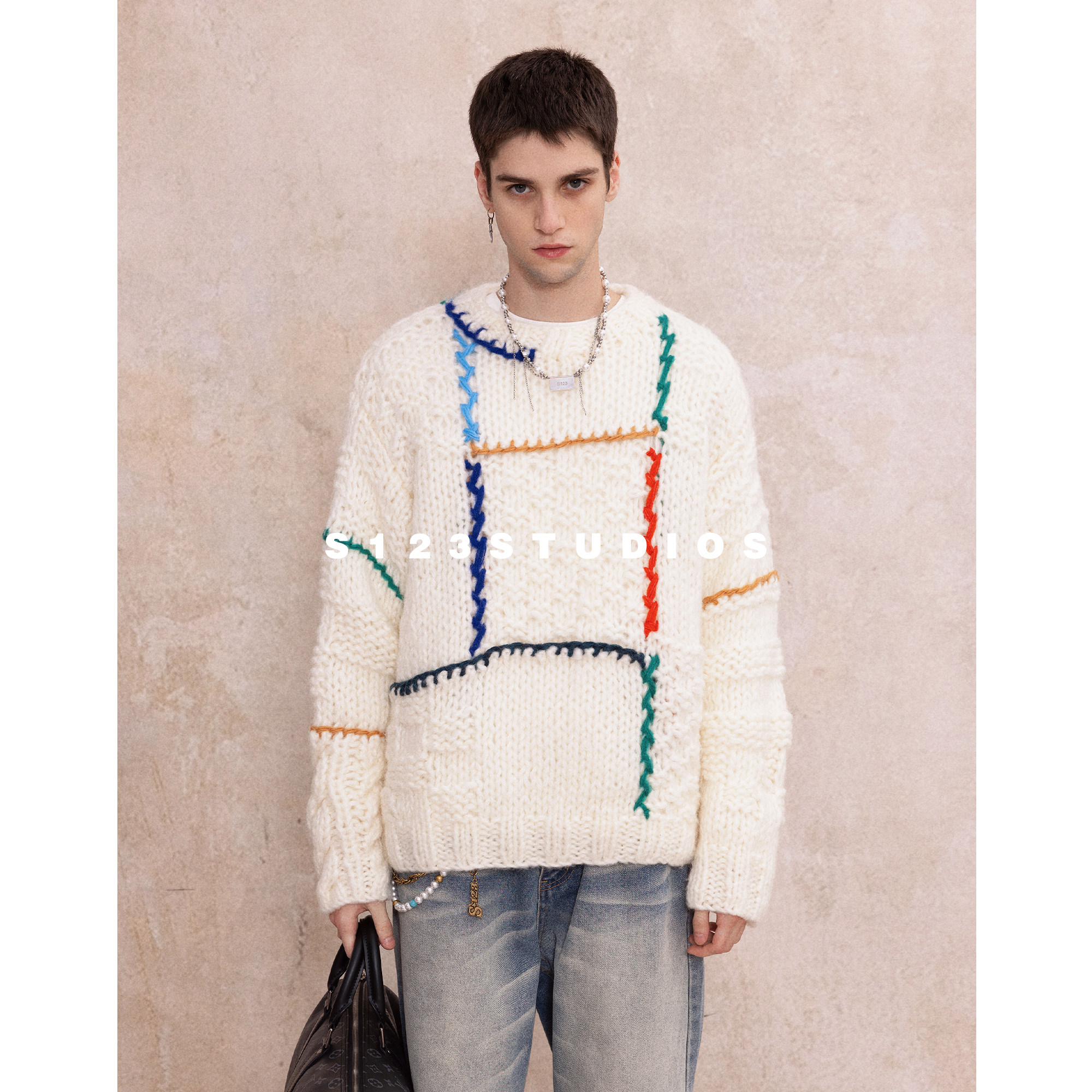 S123 简约设计感撞色描边羊毛毛衣男女宽松手工粗针针织衫上衣,淘宝优惠券,粉丝福利购,淘宝优惠卷