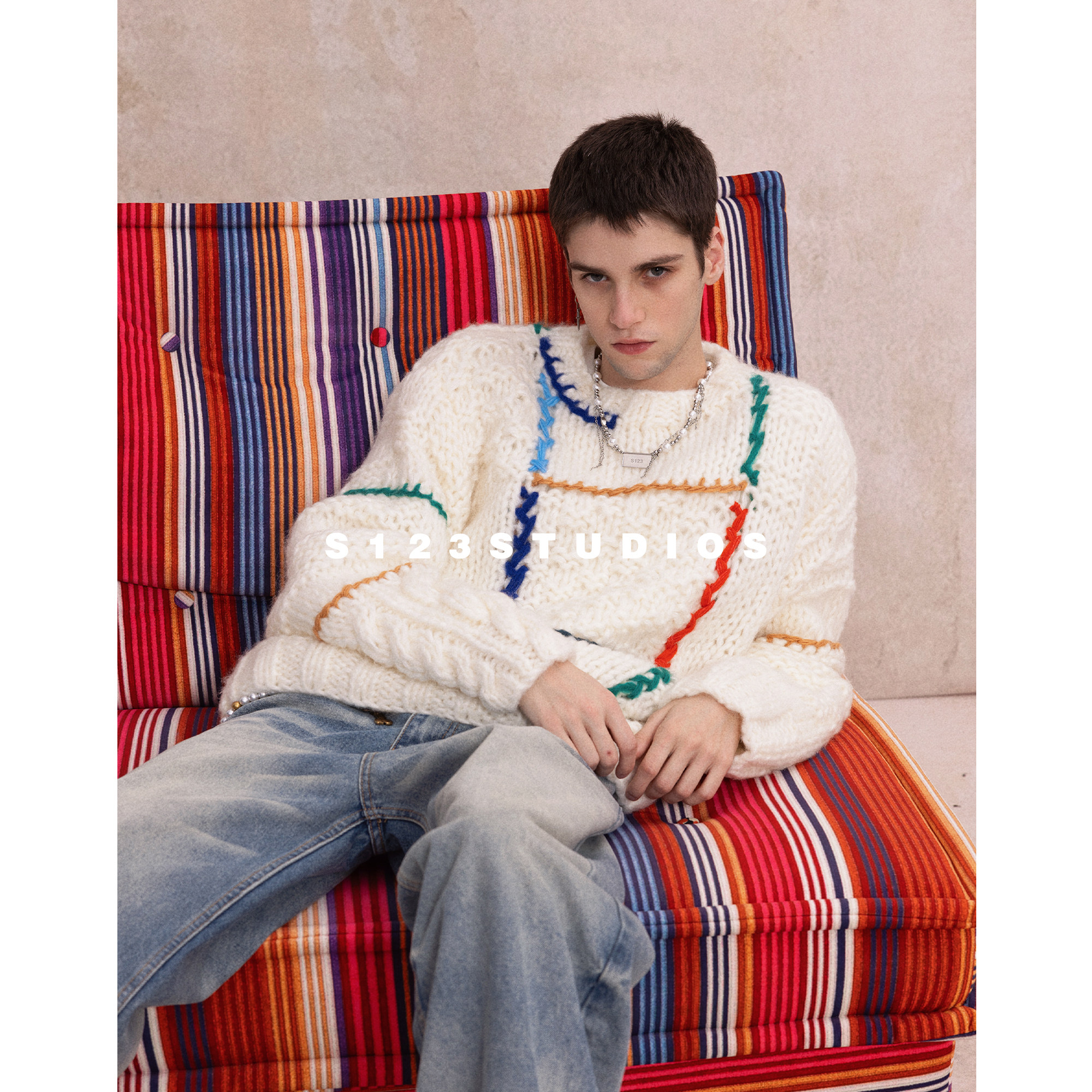 S123 简约设计感撞色描边羊毛毛衣男女宽松手工粗针针织衫上衣,淘宝优惠券,粉丝福利购,淘宝优惠卷