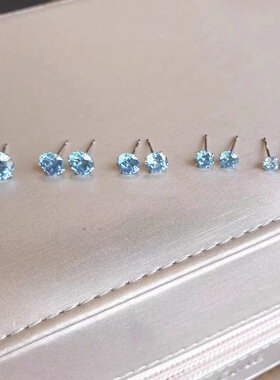 999银针纯银养耳海蓝色耳钉甜美