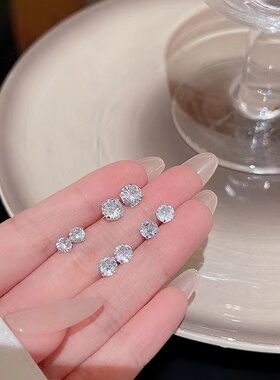 999纯银白色锆石耳钉足银钻石简