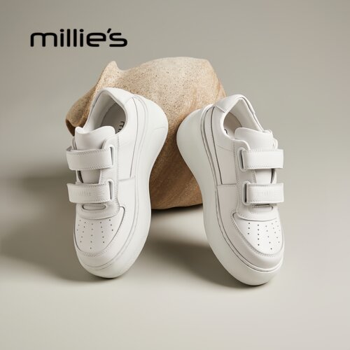 MILLIE'S/妙丽巨好看魔术贴厚底板鞋女白色真皮软底小白鞋勃肯鞋 - 图0