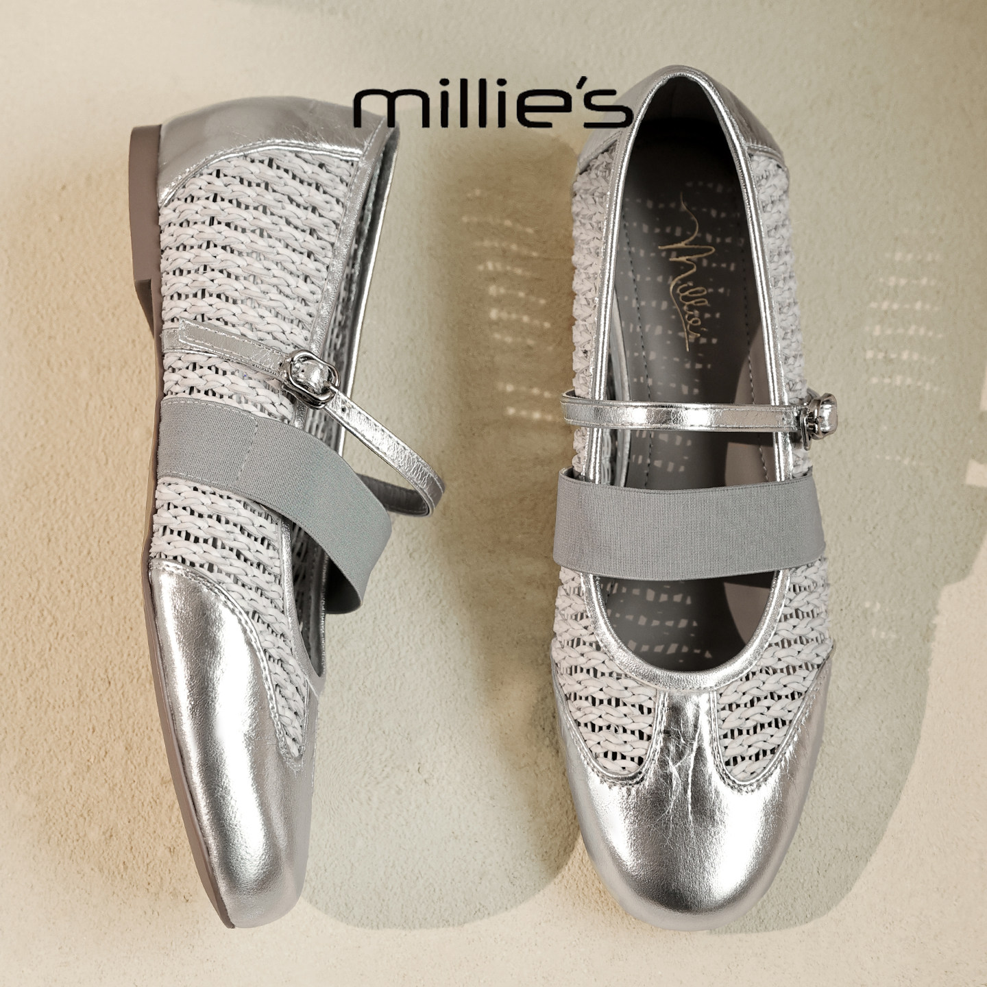 MILLIE'S/妙丽复古银色编织玛丽珍鞋女平底一字扣带百搭通勤单鞋,淘宝优惠券,粉丝福利购,淘宝优惠卷