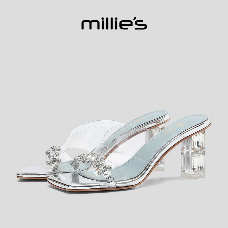 MILLIE'S/妙丽方头粗跟镂空闪亮水钻独特别致设计感外穿休闲拖鞋,淘宝优惠券,粉丝福利购,淘宝优惠卷