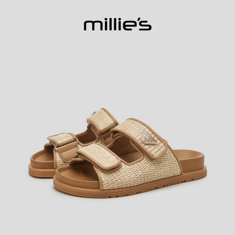 MILLIE'S/妙丽露趾平底一脚蹬美拉德风编织镂空设计时尚休闲拖鞋,淘宝优惠券,粉丝福利购,淘宝优惠卷
