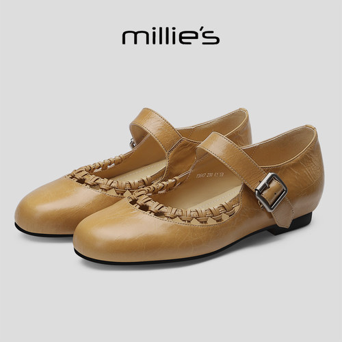 MILLIE'S/妙丽复古风编织玛丽珍鞋女真皮平底百搭一字扣带小皮鞋 - 图2