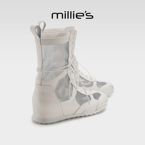 MILLIE'S/妙丽超火新款女鞋米色系带烟筒靴夏季简约潮酷风时装靴-图2