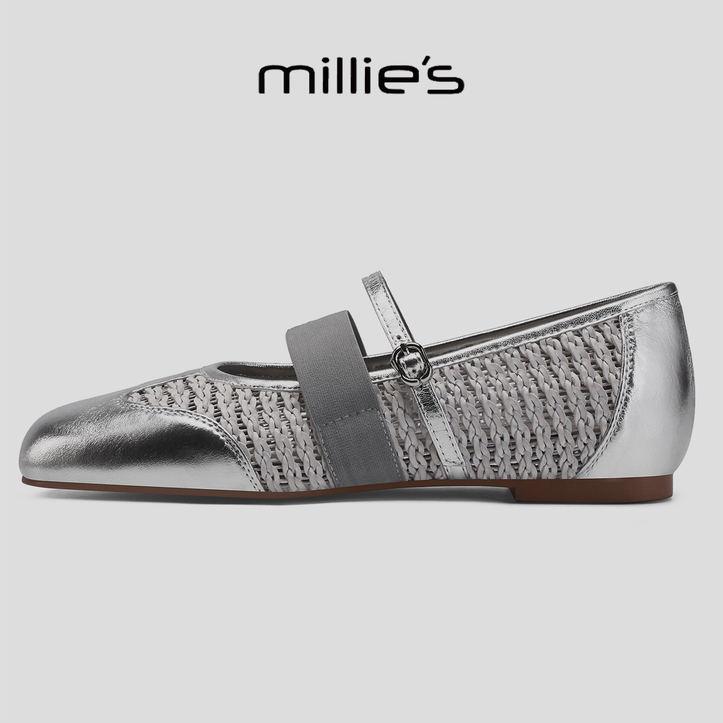 MILLIE'S/妙丽银色编织玛丽珍鞋女平底一字扣带百搭通勤拼料单鞋,淘宝优惠券,粉丝福利购,淘宝优惠卷