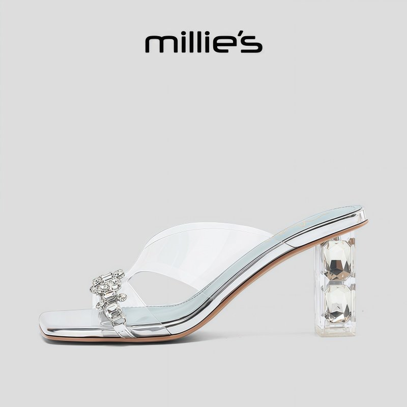 MILLIE'S/妙丽方头粗跟镂空闪亮水钻独特别致设计感外穿休闲拖鞋,淘宝优惠券,粉丝福利购,淘宝优惠卷