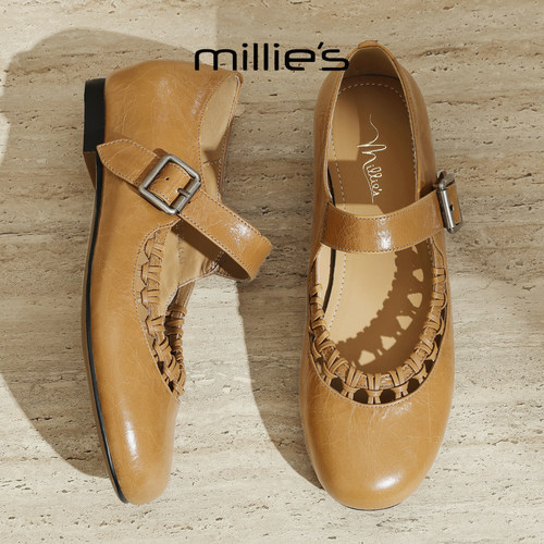MILLIE'S/妙丽复古风编织玛丽珍鞋女真皮平底百搭一字扣带小皮鞋 - 图1