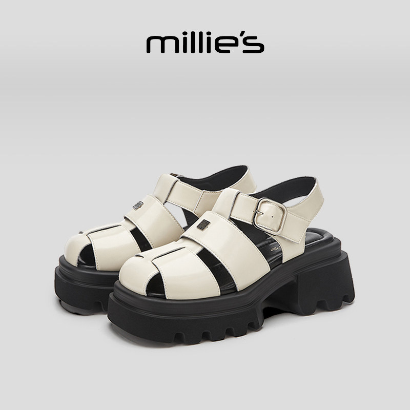 MILLIE'S/妙丽夏季凉鞋厚底增高复古皮带扣白色休闲百搭浅口单鞋,淘宝优惠券,粉丝福利购,淘宝优惠卷