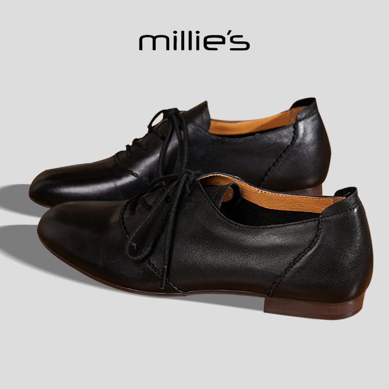 MILLIE'S/妙丽英伦复古2025新款日常系带小皮鞋女平底百搭休闲鞋,淘宝优惠券,粉丝福利购,淘宝优惠卷