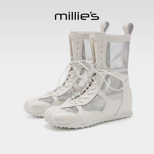 MILLIE'S/妙丽超火新款女鞋米色系带烟筒靴夏季简约潮酷风时装靴-图0