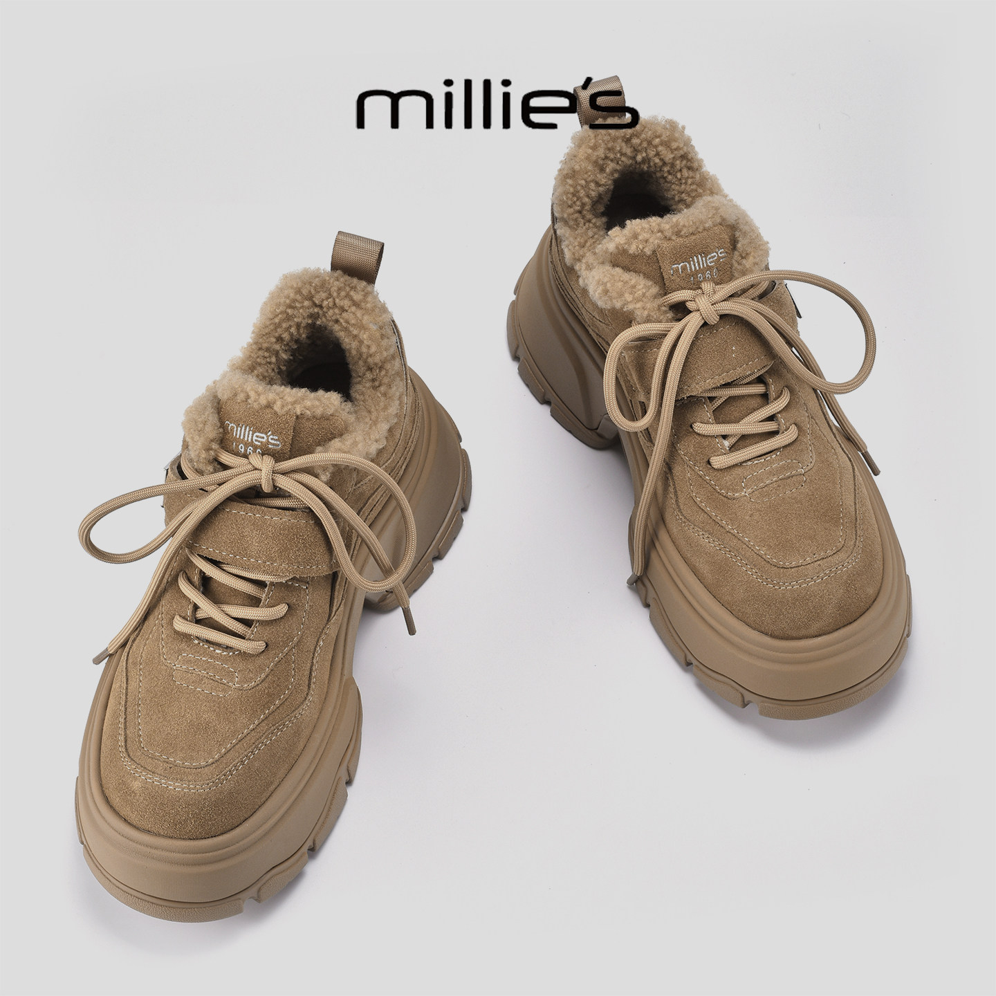 MILLIE'S/妙丽2025新款厚底系带勃肯鞋女冬季加绒保暖防滑休闲鞋,淘宝优惠券,粉丝福利购,淘宝优惠卷
