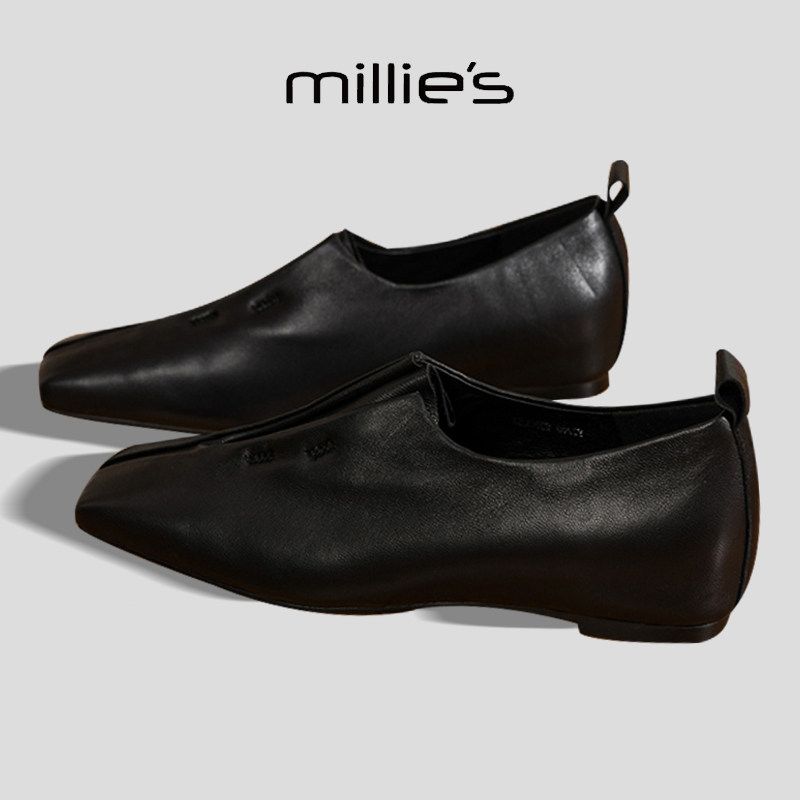 MILLIE'S/妙丽真皮黑色方头乐福鞋女一脚蹬懒人鞋平底折叠小皮鞋,淘宝优惠券,粉丝福利购,淘宝优惠卷