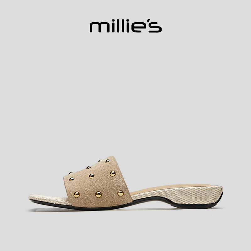 MILLIE'S/妙丽方头平底一脚蹬时髦精致优雅气质时尚百搭休闲拖鞋,淘宝优惠券,粉丝福利购,淘宝优惠卷