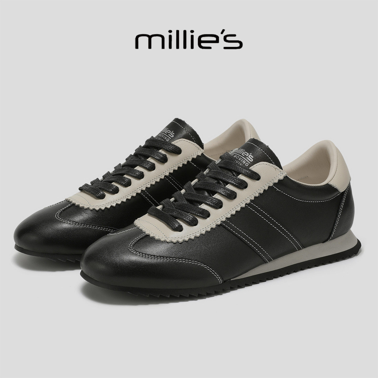 MILLIE'S/妙丽英伦风真皮拼色平底休闲鞋2026新款复古德训鞋女,淘宝优惠券,粉丝福利购,淘宝优惠卷