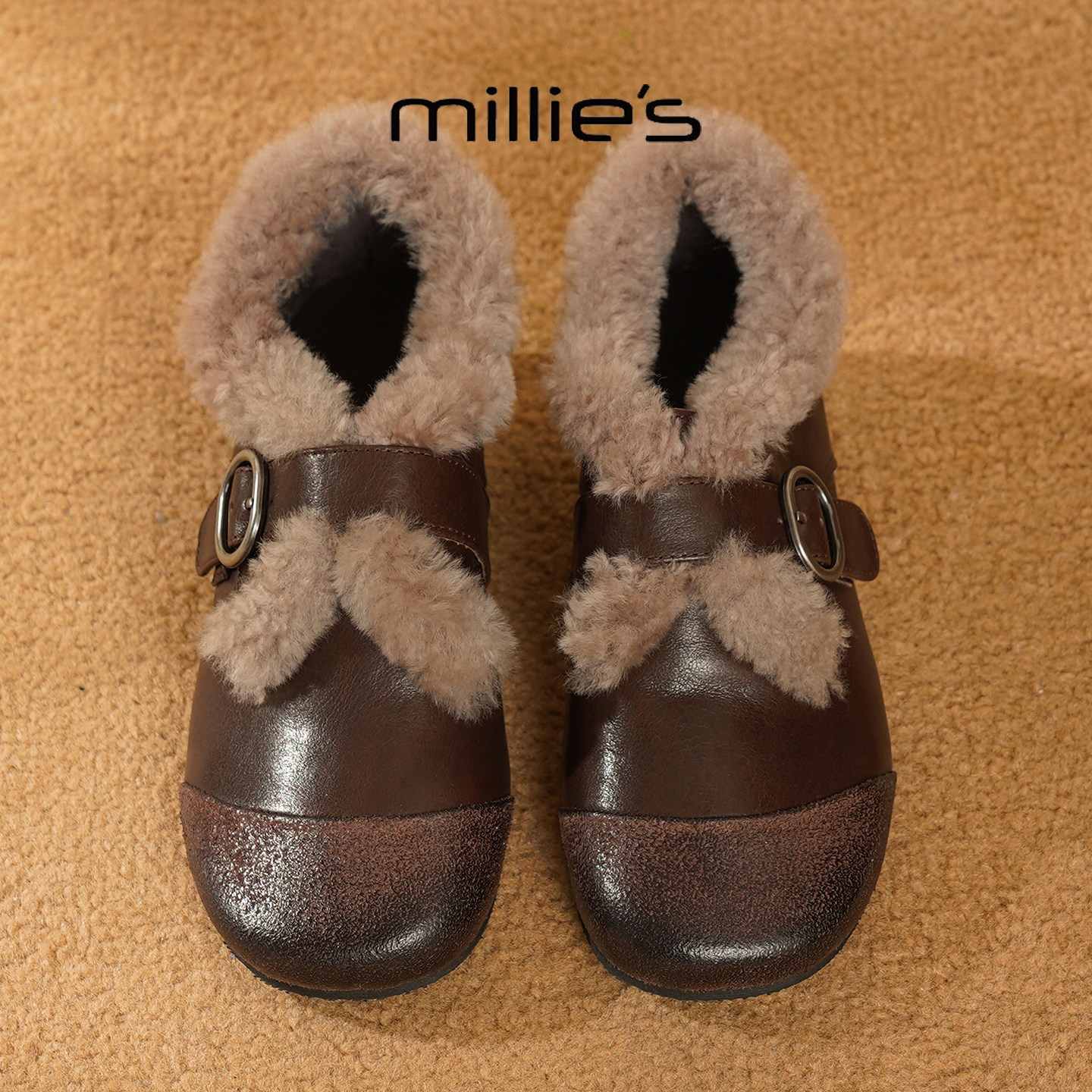 MILLIE'S/妙丽加绒毛毛鞋乐福鞋女真皮保暖一脚蹬工装棕色懒人鞋,淘宝优惠券,粉丝福利购,淘宝优惠卷
