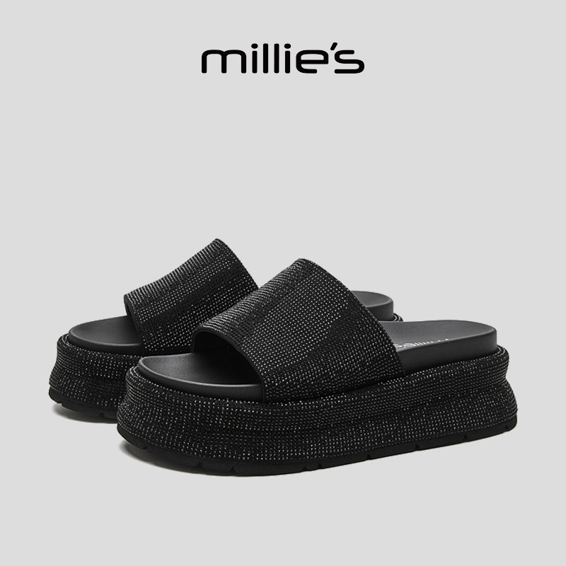 MILLIE'S/妙丽露趾厚底性感时髦亮钻镶嵌时尚简约百搭休闲拖鞋女,淘宝优惠券,粉丝福利购,淘宝优惠卷