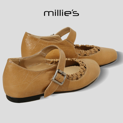 MILLIE'S/妙丽复古风编织玛丽珍鞋女真皮平底百搭一字扣带小皮鞋 - 图0