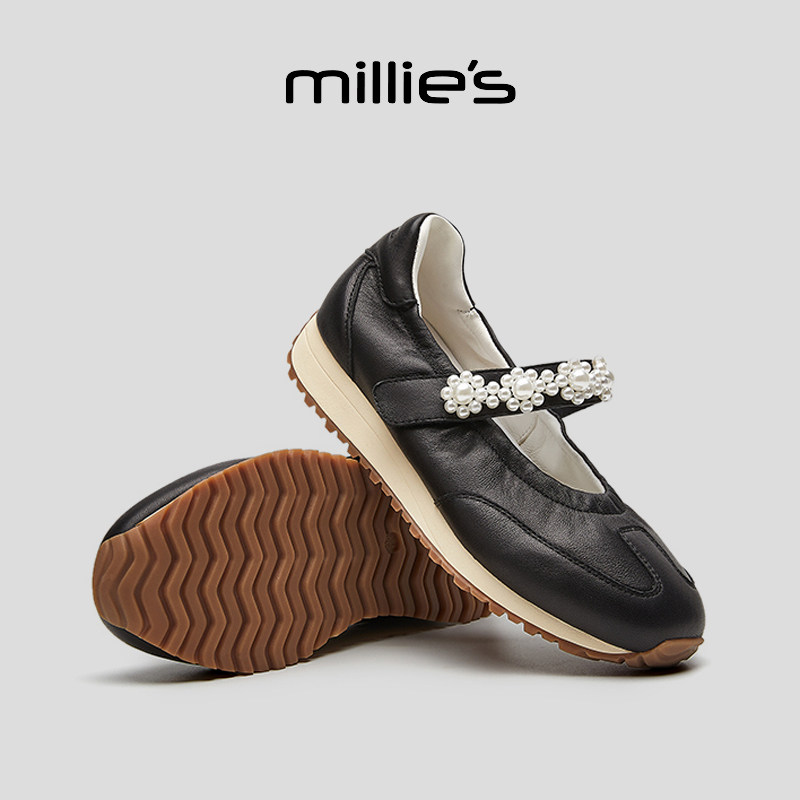 MILLIE’S/妙丽圆头平底复古黑色个性十足潮流时尚休闲罗马凉鞋女