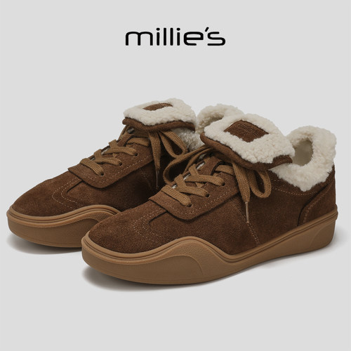 MILLIE'S/妙丽2026冬季新款平底板鞋时尚舒适加绒通勤不累脚棉鞋 - 图2