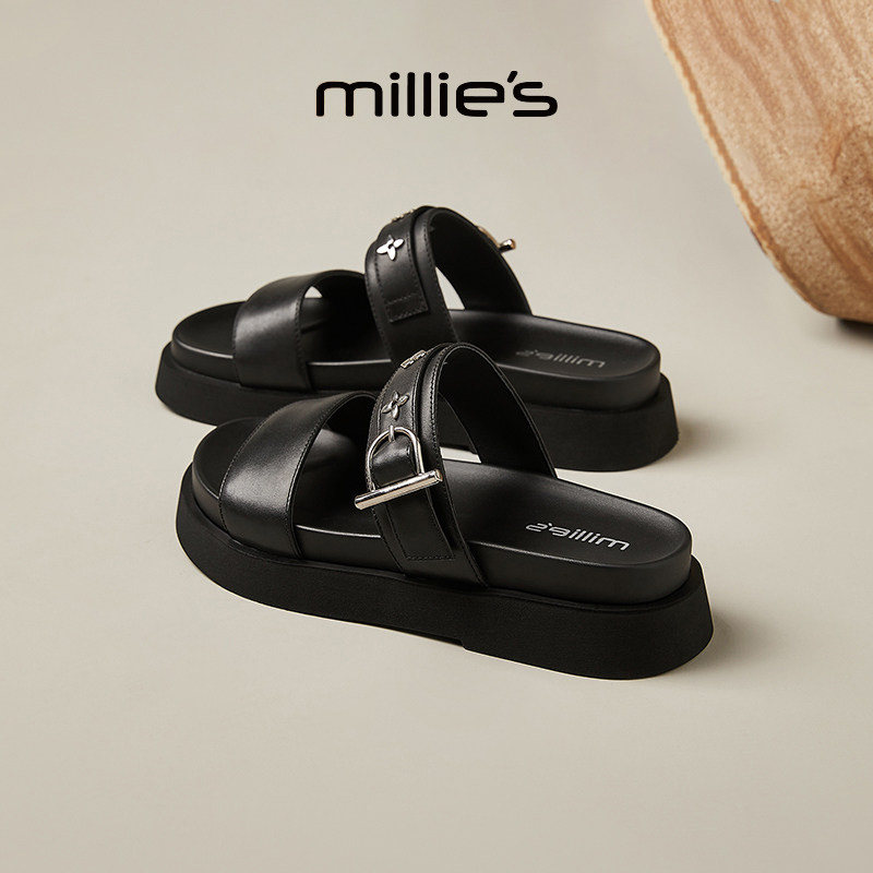 MILLIE'S/ 妙丽圆头厚底精致扣饰装饰亲肤透气凉爽时尚休闲拖鞋,淘宝优惠券,粉丝福利购,淘宝优惠卷