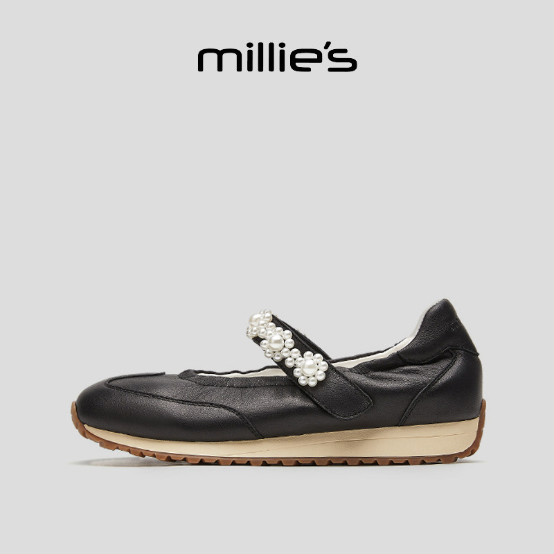 MILLIE’S/妙丽圆头平底复古黑色个性十足潮流时尚休闲罗马凉鞋女