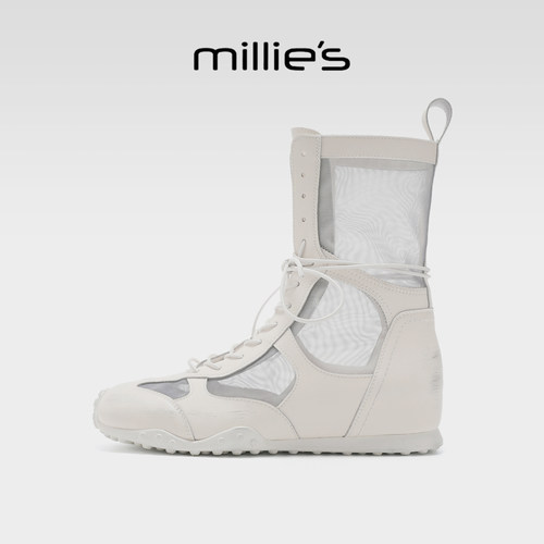 MILLIE'S/妙丽超火新款女鞋米色系带烟筒靴夏季简约潮酷风时装靴-图1