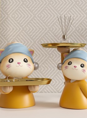 珍珠猫入户门口钥匙收纳托盘玄关摆件鞋柜家居装饰品乔迁新居礼品