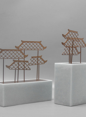 新中式现代样板房间酒店玄关软装饰品家居客厅金属屋檐工艺品摆件