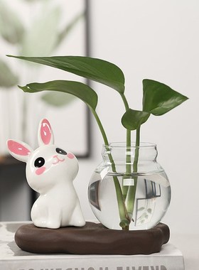 创意家庭玻璃水培卡通兔子电视柜旁小鱼缸摆件家居饰品客厅高级感